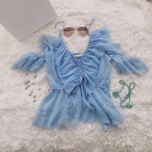 Blue cold shoulder blouse